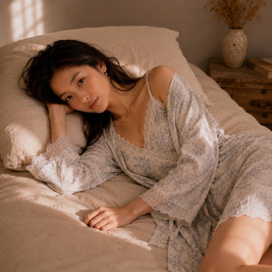 Aura Nightdress Set - Toile, standing by window showing full nightdress silhouette with lace-trimmed hem