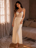 Dove Maxi Nightgown - Pale Yellow, flatlay showing full silhouette with lace bodice, pink floral embroidery and satin maxi skirt