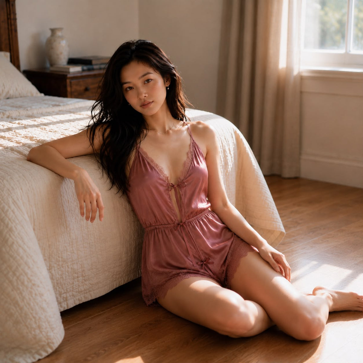Muse Romper - Plum Purple, seated on bedroom floor showing relaxed fit with lace detailing at neckline and hem